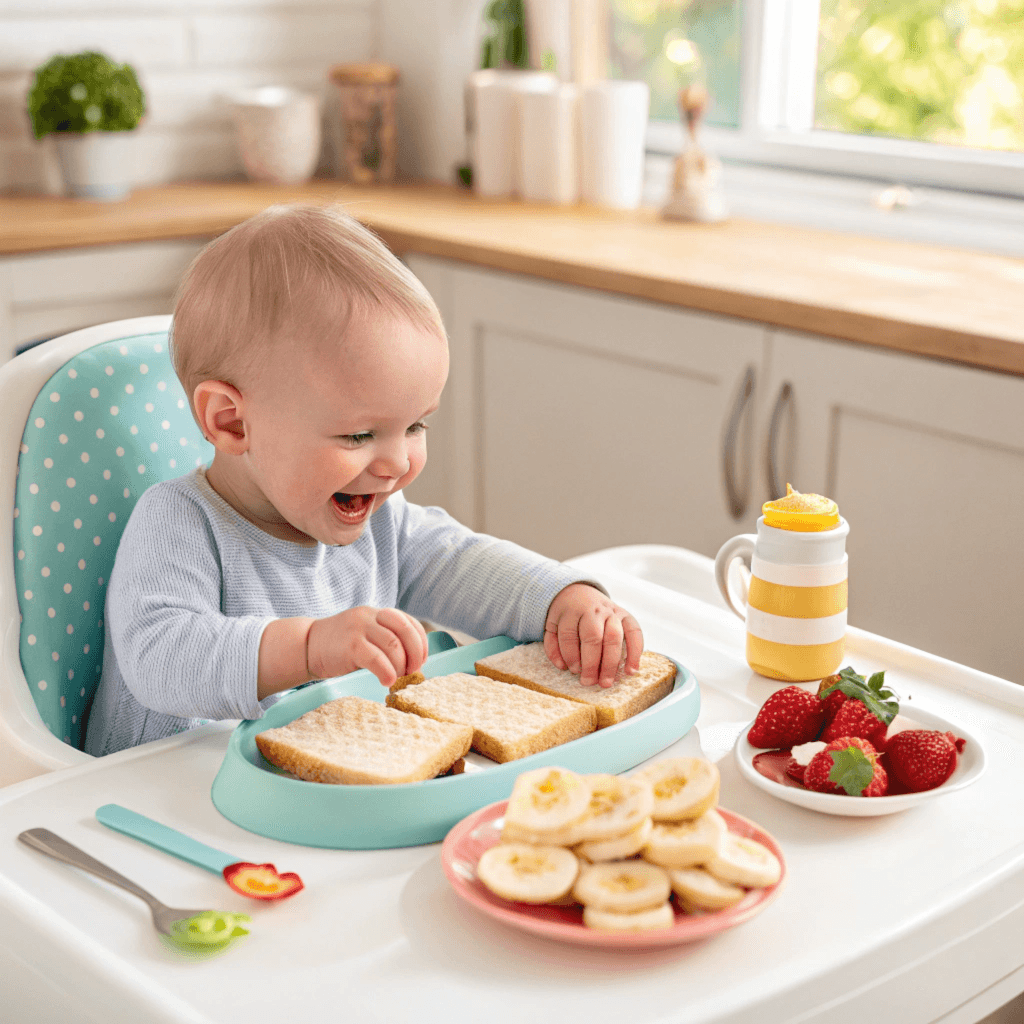 Smiling baby in a high chair exploring bite-sized toasted bread on a colorful plate with bananas and strawberries, set in a cozy, sunlit kitchen.