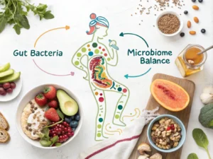 Infographic illustrating gut health and the role of microbiome balance.