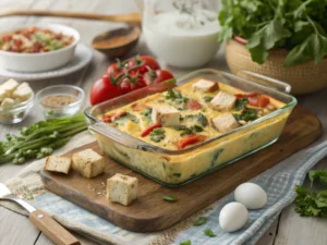 Plated breakfast casserole without eggs with fresh fruit and a mixed green salad on a white plate.