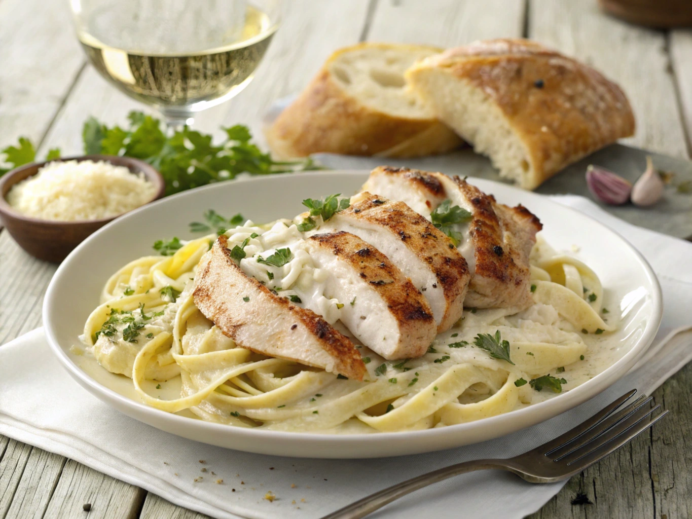 Grilled chicken alfredo with creamy fettuccine pasta, topped with sliced grilled chicken, fresh parsley, and Parmesan cheese, served on a rustic wooden table with garlic bread and white wine.