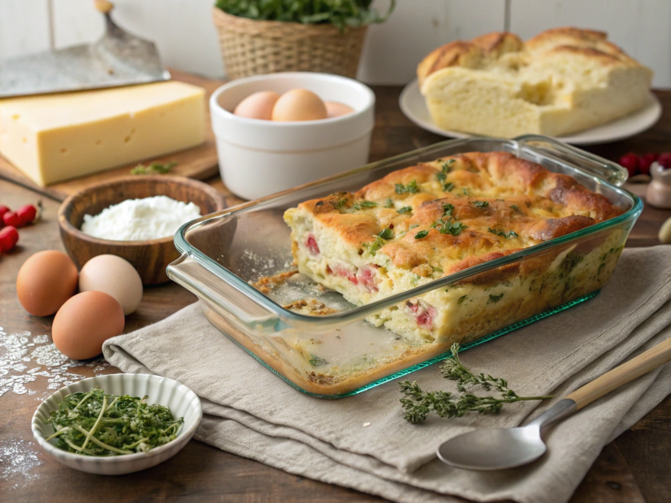 Golden breakfast casserole with cream cheese in a baking dish, surrounded by ingredients on a kitchen counter.