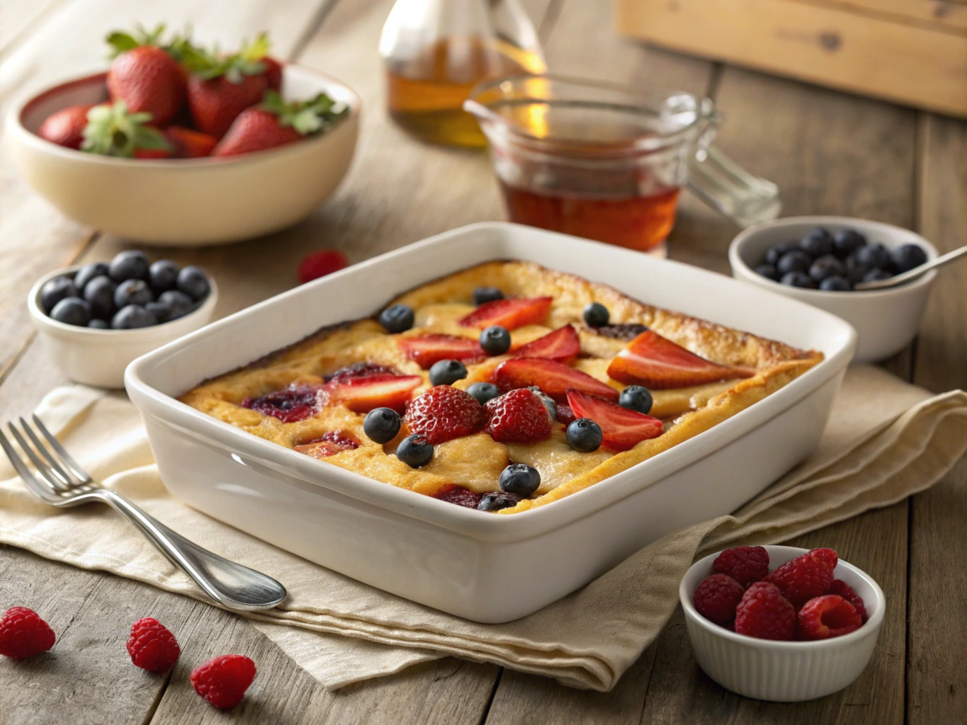 Golden pancake breakfast casserole topped with fresh berries and maple syrup drizzle, served in a white dish on a wooden table.