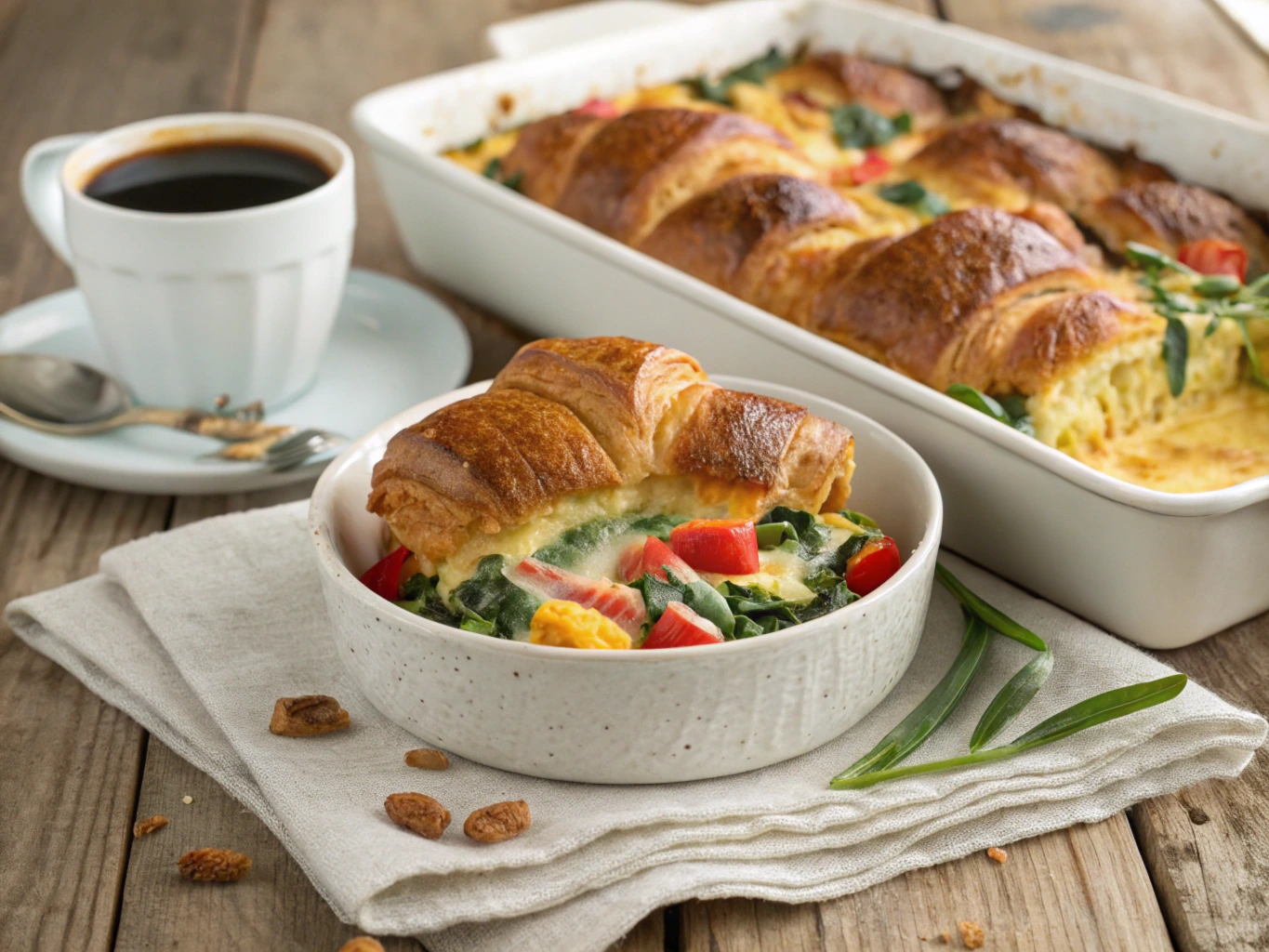 Golden-brown breakfast casserole with croissants, melted cheese, and colorful vegetables, served in a white baking dish on a wooden table.