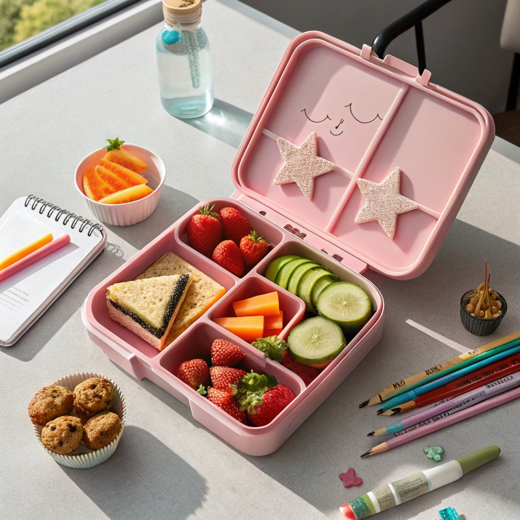 A realistic pink lunch box open with neatly arranged healthy foods, placed on a kitchen table with school supplies nearby.