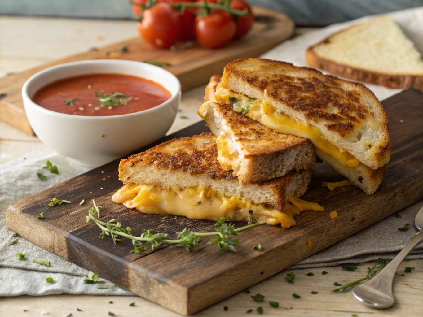 Golden-brown grilled cheese sandwich with melted cheese, served on a wooden board with tomato soup and pancakes in the background, perfect for comfort food inspiration.