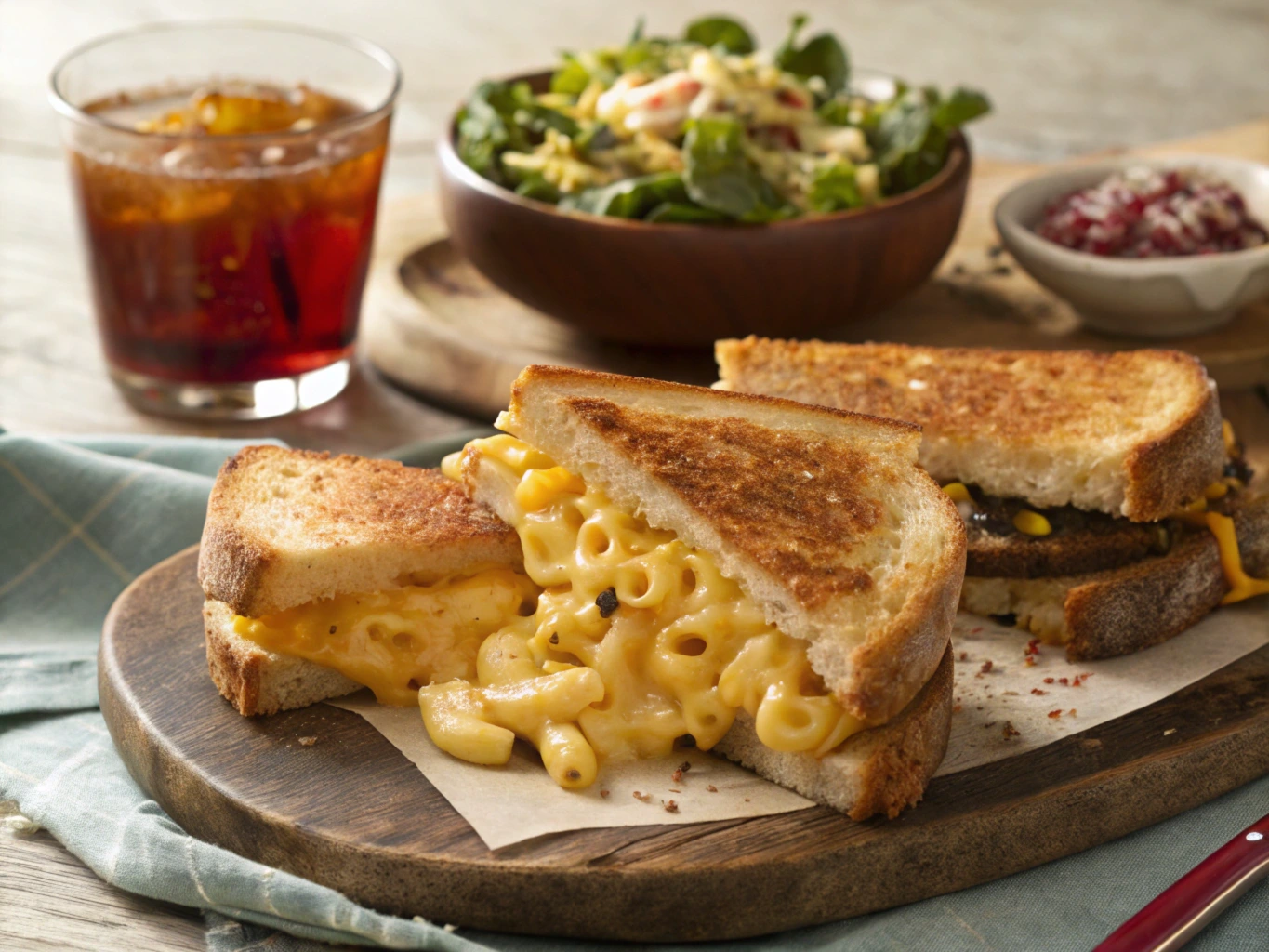 Grilled mac and cheese sandwich with gooey macaroni and cheese, golden-brown bread, served with a mixed greens salad and iced tea in the background.