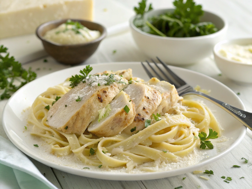 Classic chicken Alfredo with creamy fettuccine pasta, topped with Parmesan and parsley.