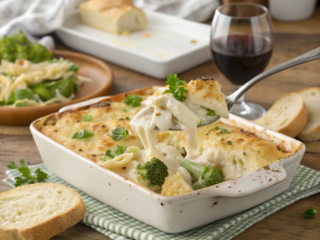 A creamy chicken broccoli alfredo bake topped with golden mozzarella cheese, served in a rustic casserole dish.