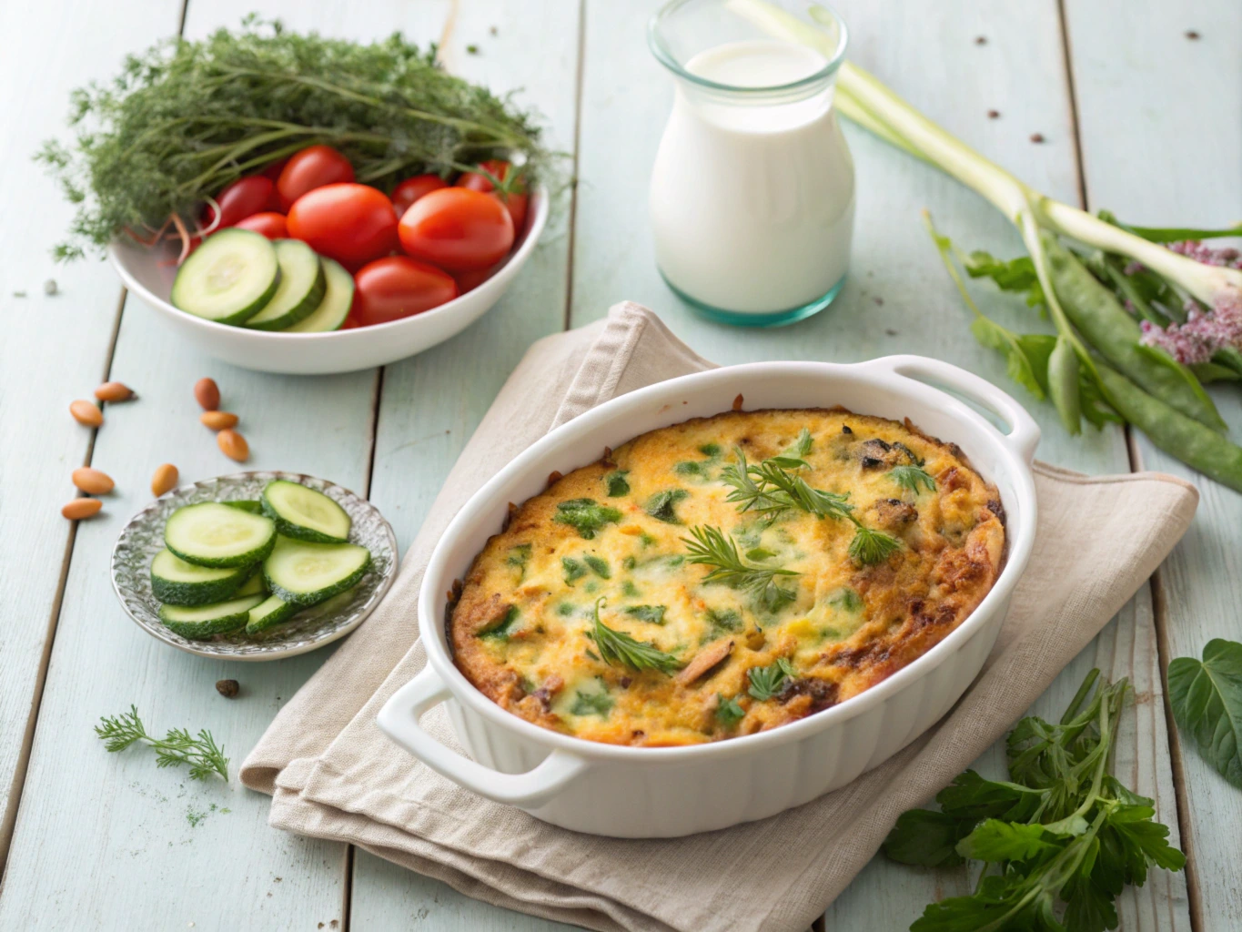 Golden dairy-free breakfast casserole in a ceramic dish surrounded by plant-based ingredients on a rustic table