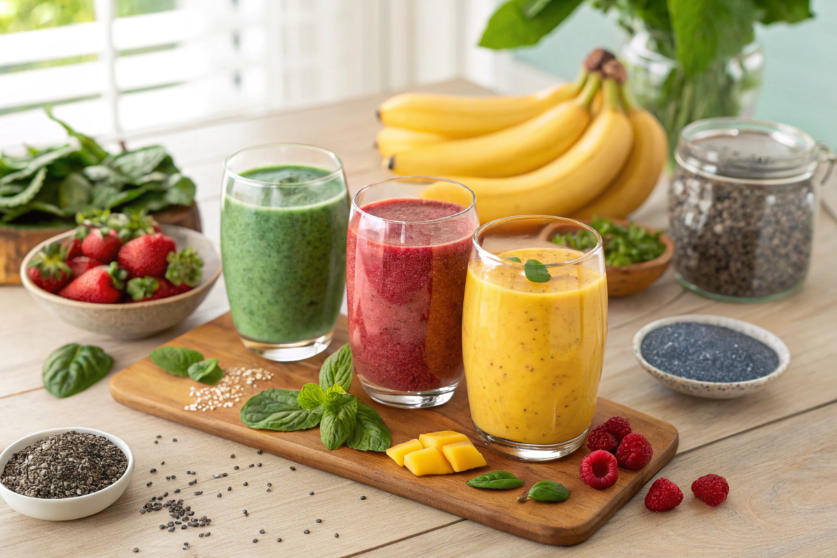 Three colorful smoothies: green spinach smoothie, berry smoothie, and mango pineapple smoothie garnished with fresh ingredients on a wooden countertop.