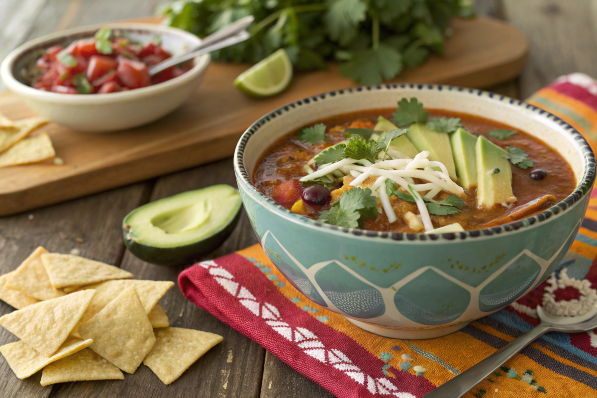 Bowl of Taco Soup Frios with fresh toppings on a rustic table.