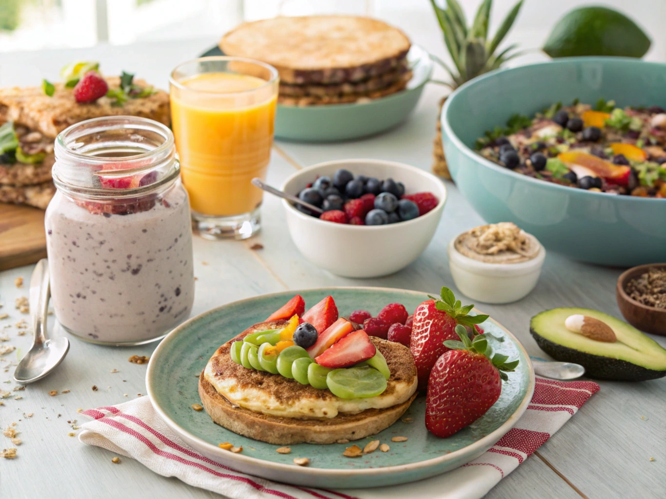 A breakfast table showcasing a pancake casserole, smoothie bowl with fruit, overnight oats, and avocado toast in a bright and inviting setting.