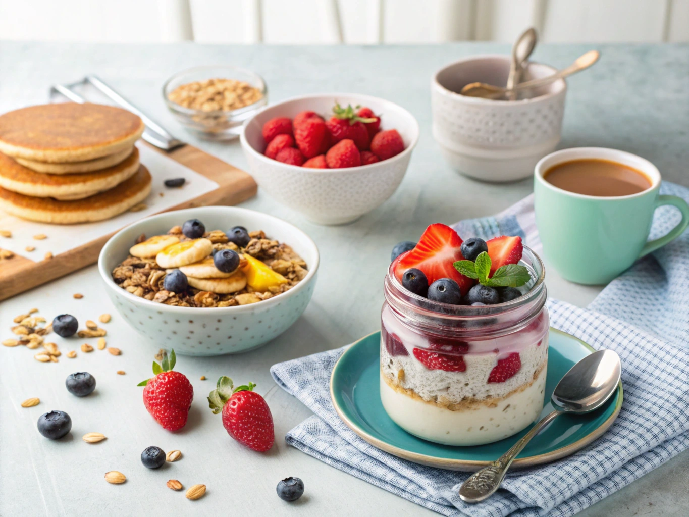 An assortment of easy breakfast meals, featuring a smoothie bowl with fruits, overnight oats in a jar, a yogurt parfait with granola and berries, and a stack of pancakes with syrup, arranged on a bright table with coffee and utensils.