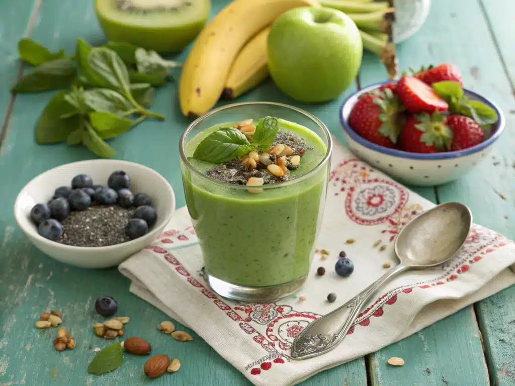 Green smoothie with basil, chia seeds, and nuts, surrounded by fresh fruits on a teal table.