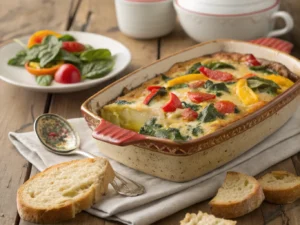 Freshly baked no egg breakfast casserole topped with colorful vegetables, served in a rustic dish on a wooden table.