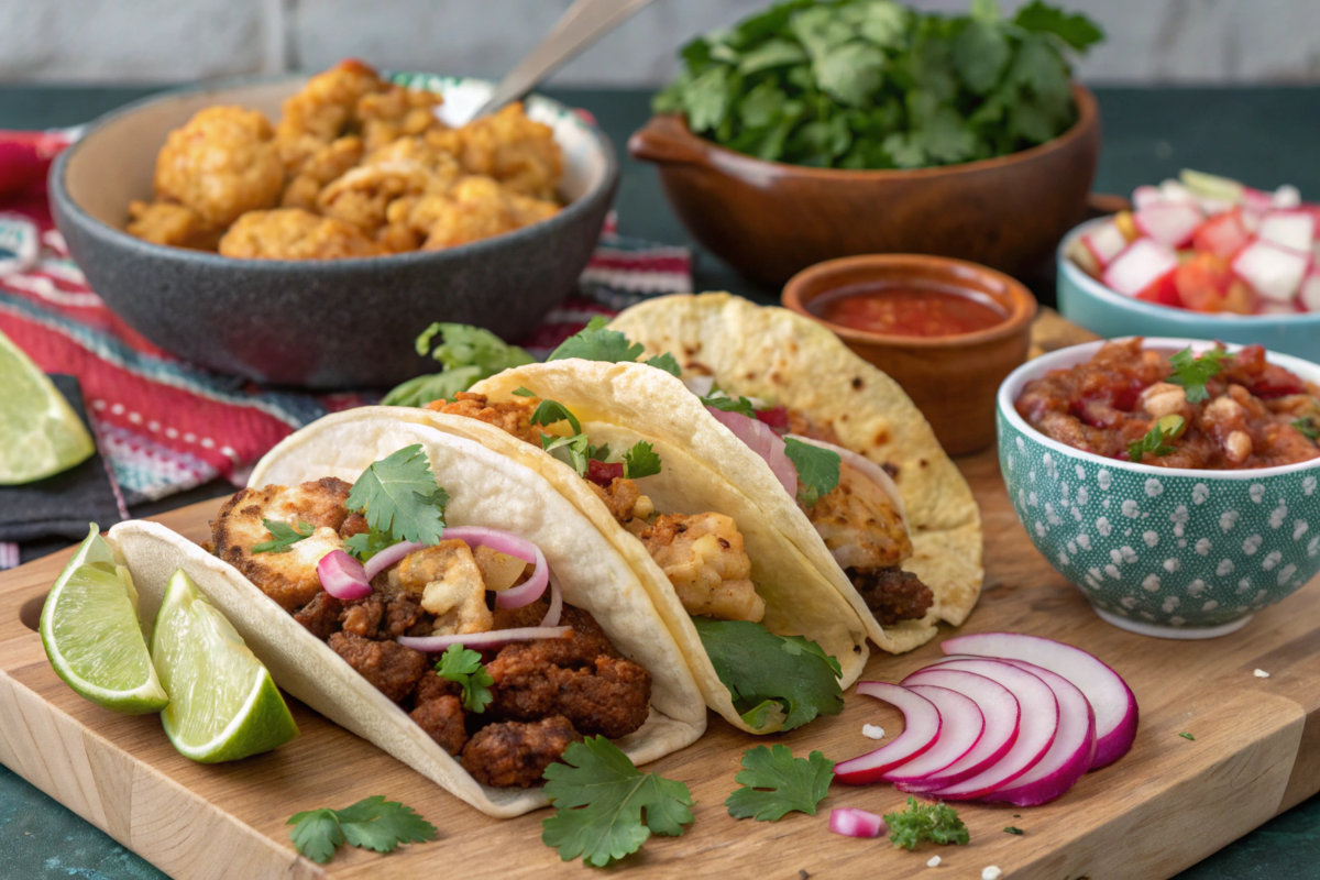 A colorful taco spread with ground beef, chicken tinga, carnitas, and roasted cauliflower tacos served with fresh toppings.