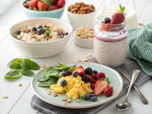 A high-protein breakfast spread including a yogurt parfait with berries, scrambled eggs with spinach, overnight oats topped with nuts and fruits, and a smoothie in a glass on a brightly lit table.