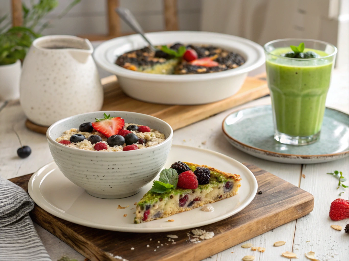 A nutritious breakfast spread with overnight oats, a green smoothie, and a breakfast casserole, ideal for busy mornings.