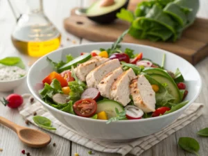 A bowl of chicken salad with lean chicken chunks, leafy greens, cherry tomatoes, and cucumbers, lightly dressed, served on a wooden table with fresh herbs and olive oil, showcasing a weight-loss-friendly meal.