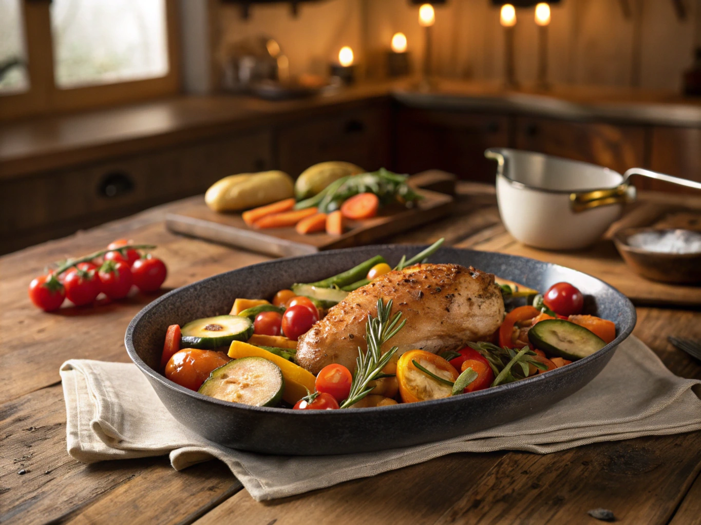 One-pan dinner with roasted chicken and colorful vegetables on a rustic wooden table, perfect for an easy dinner recipe.