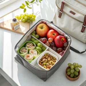 A reusable lunch tote packed with fresh wraps, fruits, and snacks on a white kitchen counter.