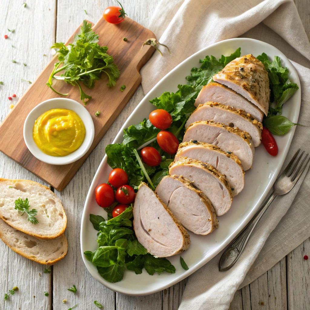 Chicken loaf slices with greens, tomatoes, and mustard on a rustic table.