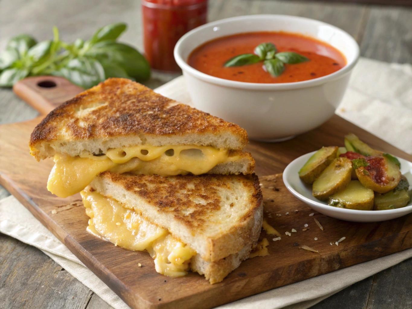 Golden-brown grilled cheese sandwich with melted cheese oozing out, served on a wooden board with tomato soup and garnishes.