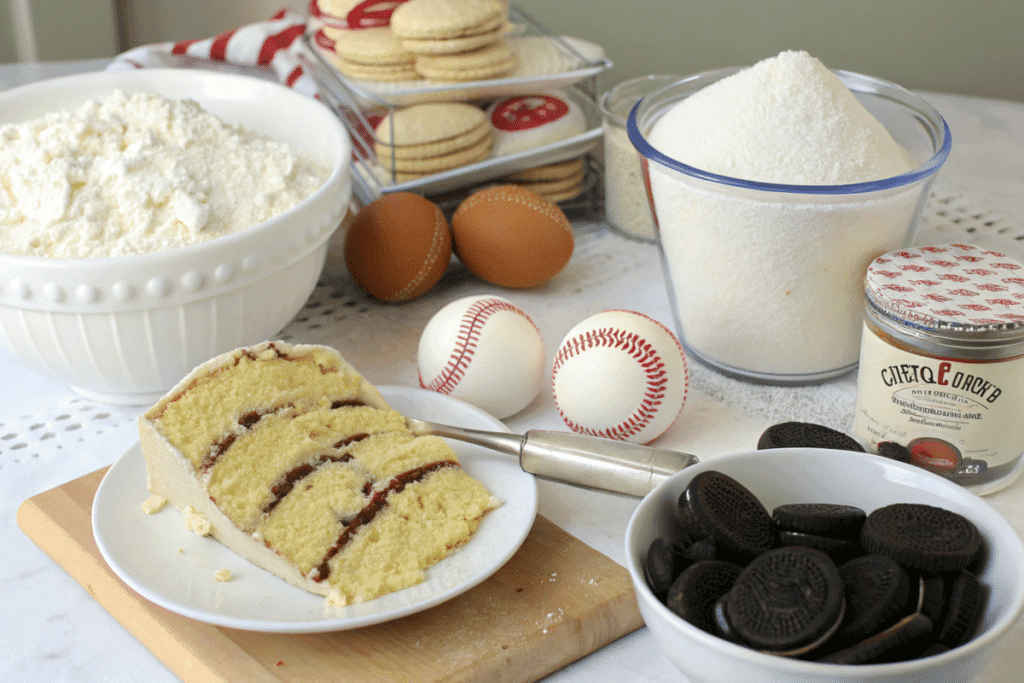 Ingredients for a homemade baseball cake, including Hy-Vee Cookies & Cream Mix and fresh baking supplies.