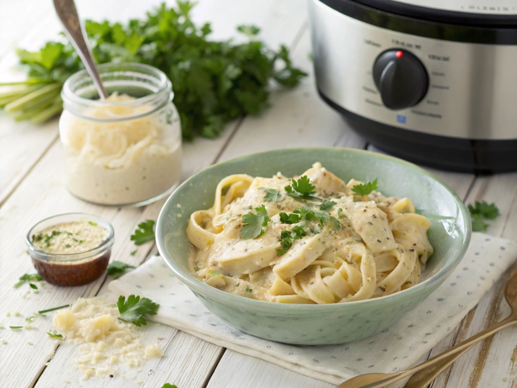 Chicken Alfredo made in a crockpot with creamy jar sauce, garnished with parsley and Parmesan cheese, served on a wooden table.