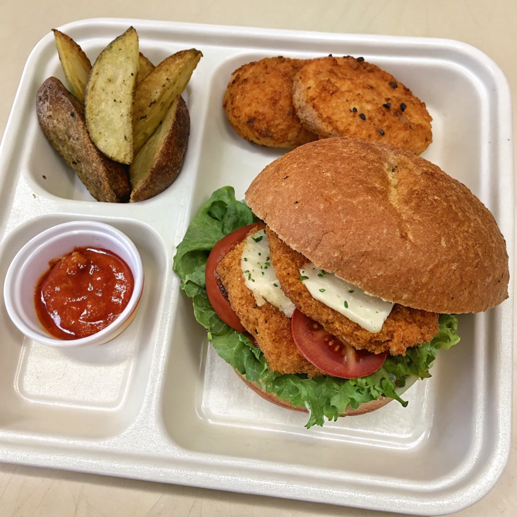 School lunch chicken sandwich with whole grain bun and sides.