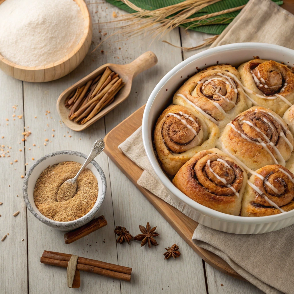 Freshly baked healthy cinnamon rolls with a golden brown glaze, served on a rustic wooden table, surrounded by cinnamon powder and whole wheat flour for a wholesome homemade treat.