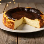 A perfectly caramelized Basque burnt cheesecake with a creamy interior, served on a white plate.