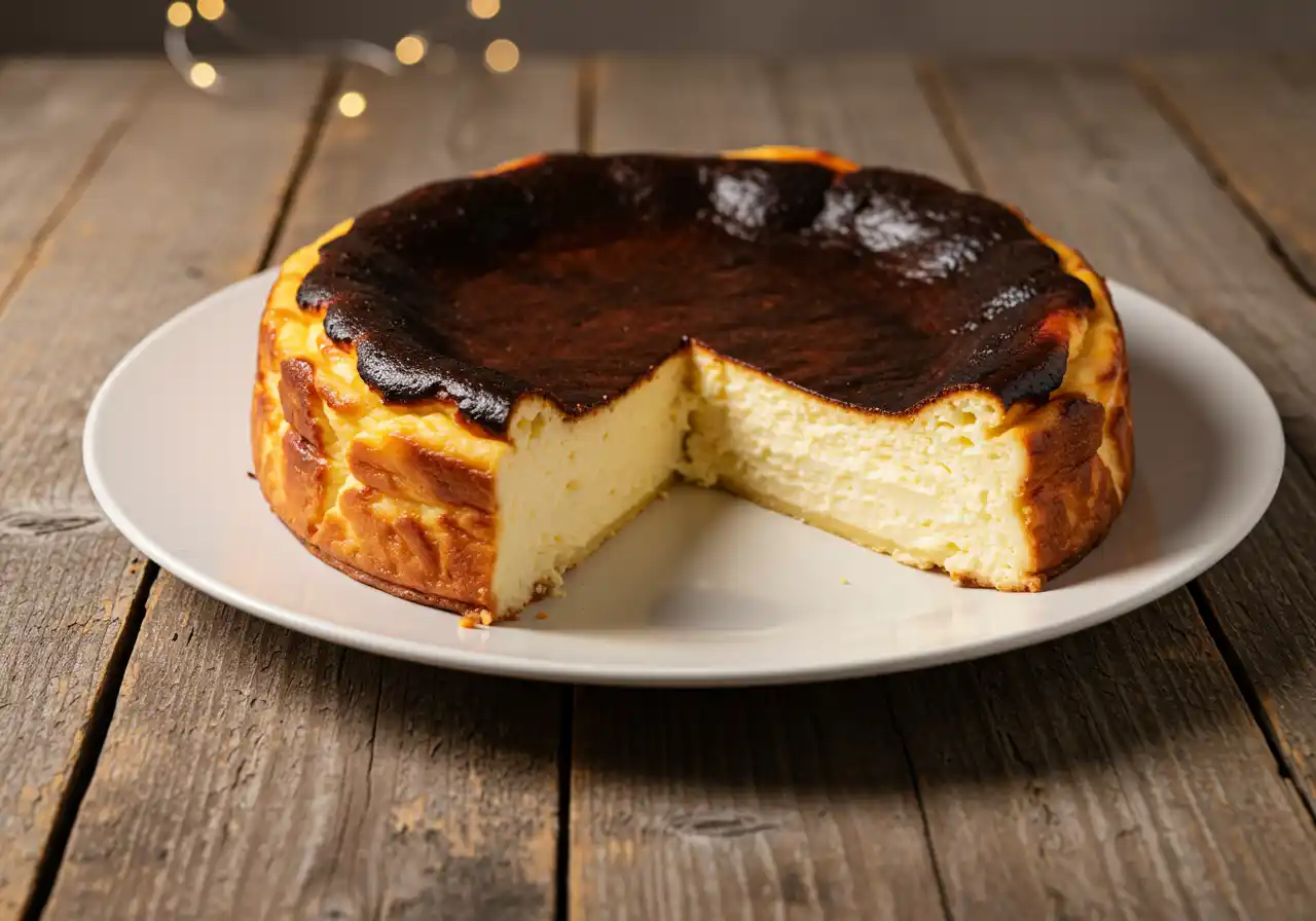 A perfectly caramelized Basque burnt cheesecake with a creamy interior, served on a white plate.