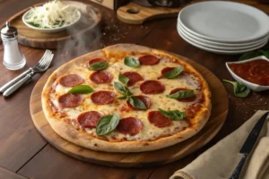 Overhead view of a 12-inch pizza with toppings, placed on a wooden table with utensils and plates nearby.