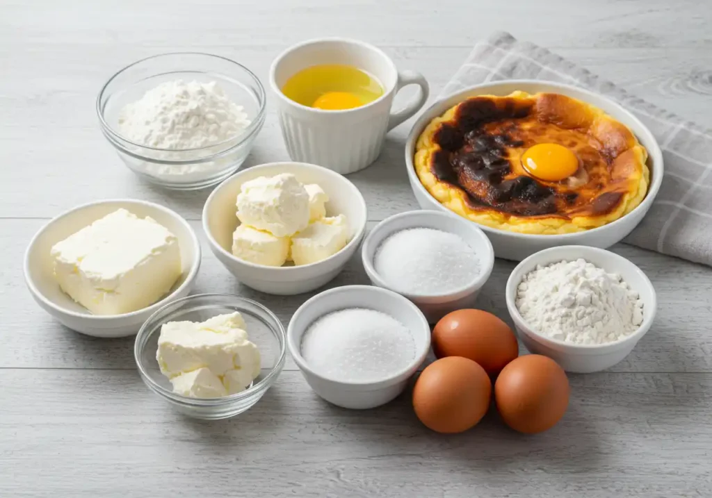 Ingredients for Basque burnt cheesecake including cream cheese, eggs, sugar, and flour arranged on a wooden table.