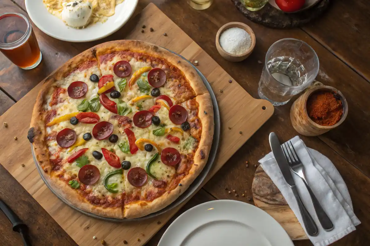 Overhead view of a 12-inch pizza with mixed toppings on a wooden table, surrounded by serving utensils and plates.