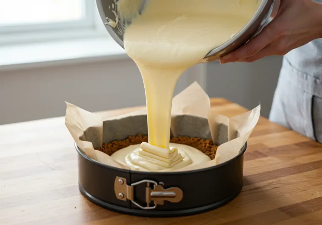 Cheesecake batter being poured into a parchment-lined springform pan in preparation for baking.