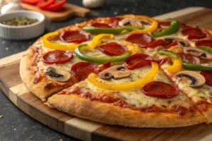 Overhead view of a 12-inch pizza with toppings, placed on a wooden table with two plates and drinks.