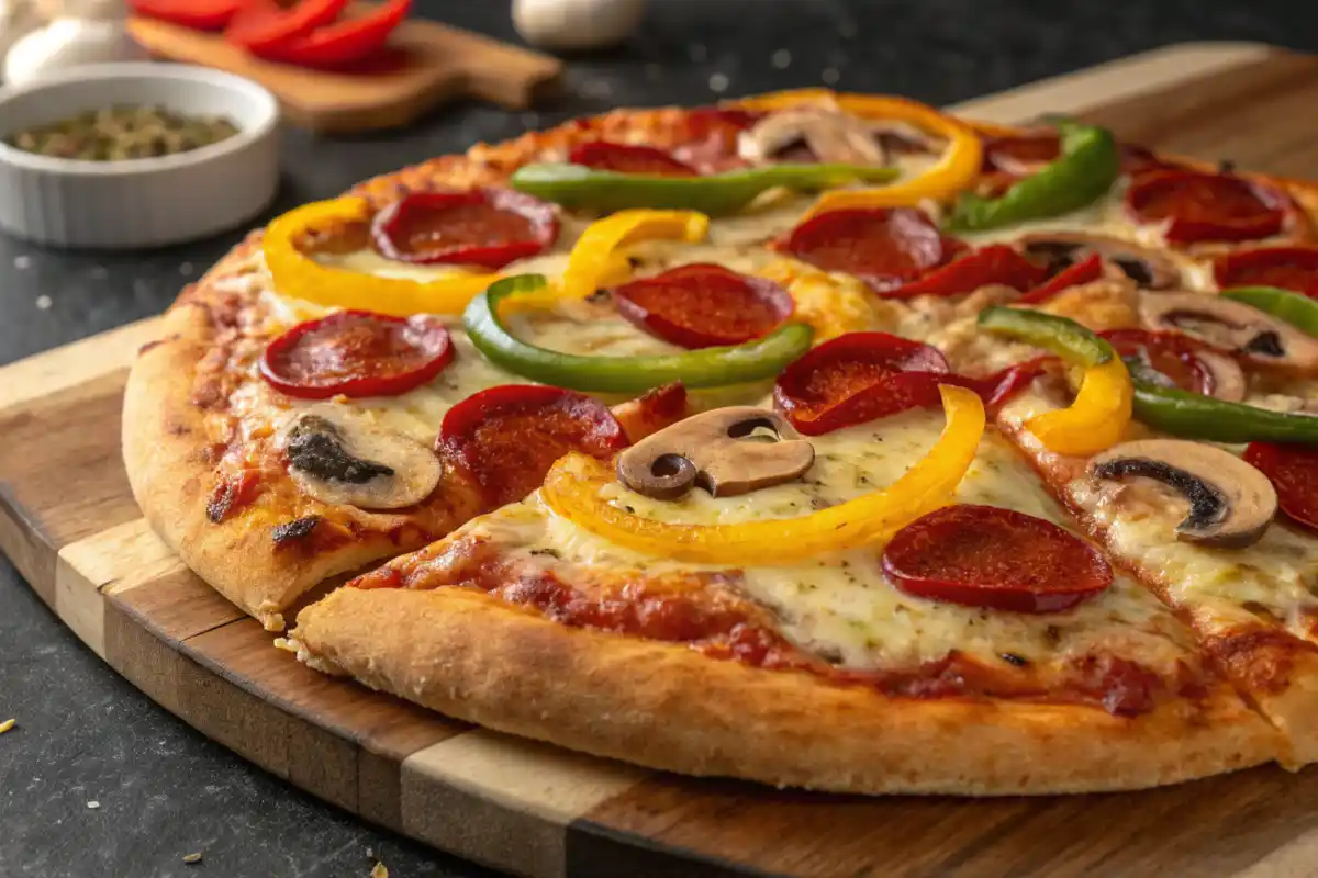 Overhead view of a 12-inch pizza with toppings, placed on a wooden table with two plates and drinks.