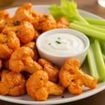 A plate of crispy buffalo cauliflower bites coated in zesty buffalo sauce with a side of ranch dressing.