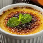 Caramelized sweet potato brulée with a golden sugar crust and mint garnish.